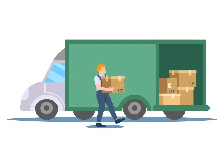Kleintransporte: Mann lädt Kartons in einen Lieferwagen Illustration eines Mannes, der Kartons in einen Kleintransporter lädt