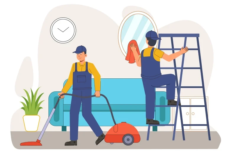 Reinigungskräfte bei der Arbeit – Staubsauger und Leiter Illustration von Reinigungskräften bei der Arbeit mit Staubsauger und Leiter