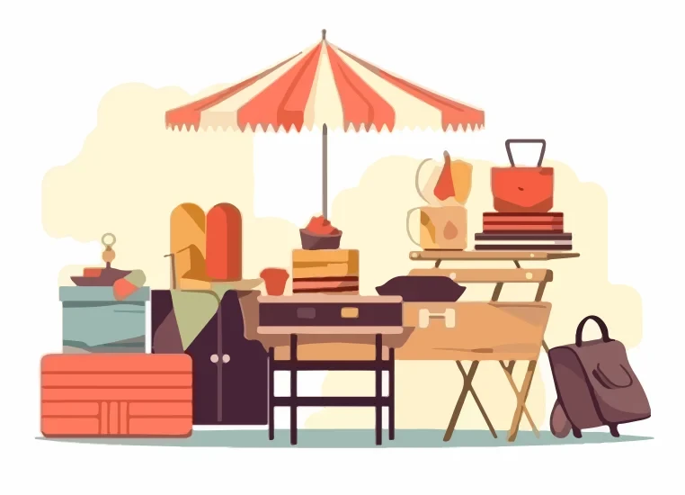 Entrümpelung und Flohmarkt: Illustration von Gegenständen unter einem Sonnenschirm Illustration eines Flohmarkts mit verschiedenen Gegenständen und einem Sonnenschirm