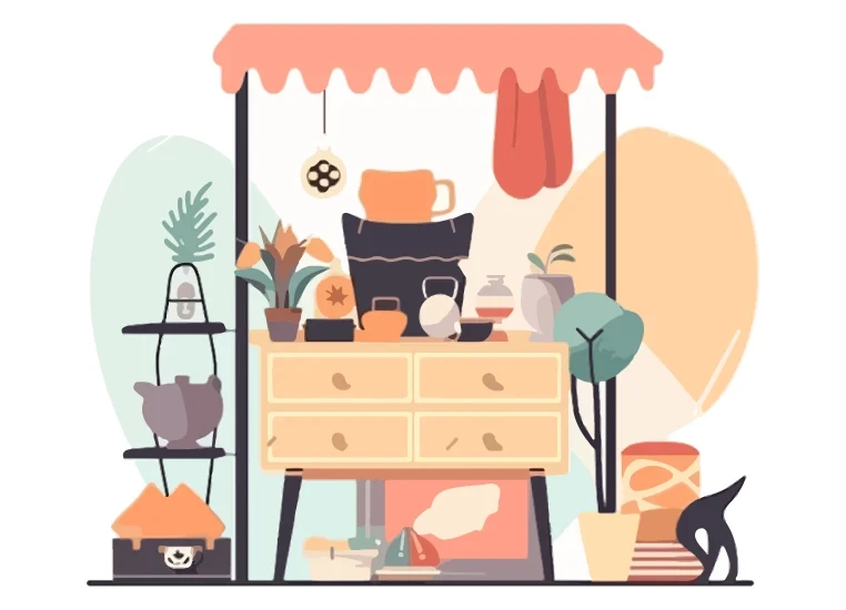 Haushaltsauflösung: Flohmarktstand mit Haushaltsgegenständen Illustration eines Flohmarktstands mit verschiedenen Haushaltsgegenständen