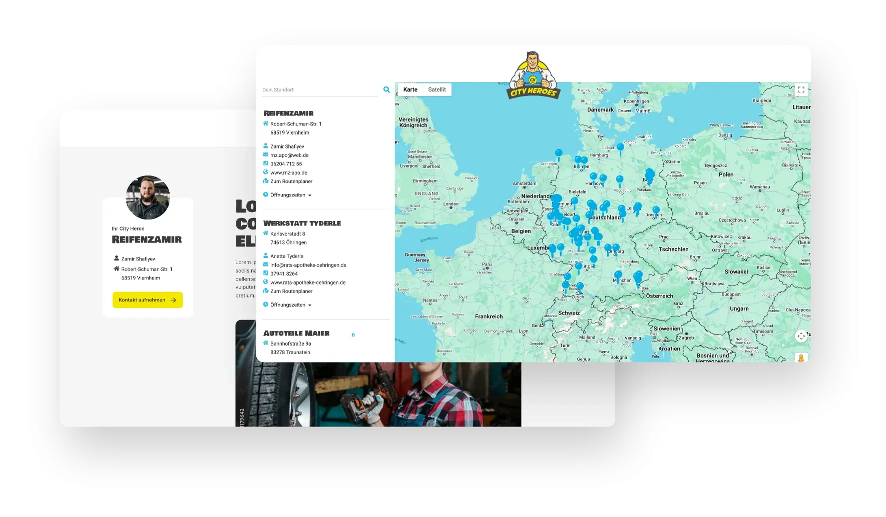 City Heroes Portal mit Karte und Werkstattstandorten in Deutschland