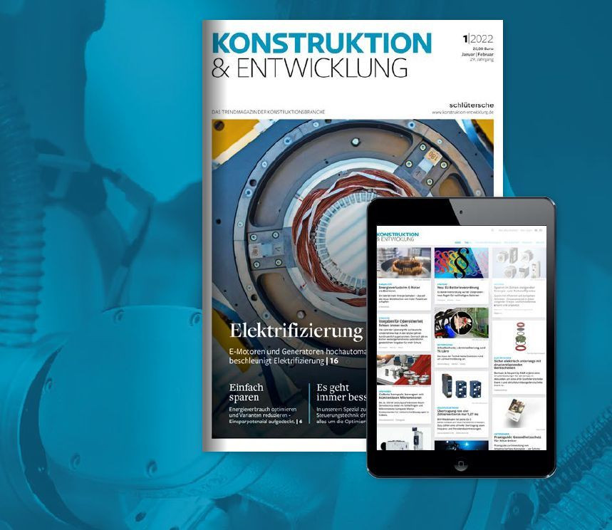 Konstruktion & Entwicklung: Titelseite und digitale Ausgabe Titelseite der Zeitschrift Konstruktion & Entwicklung mit Tablet-Ansicht