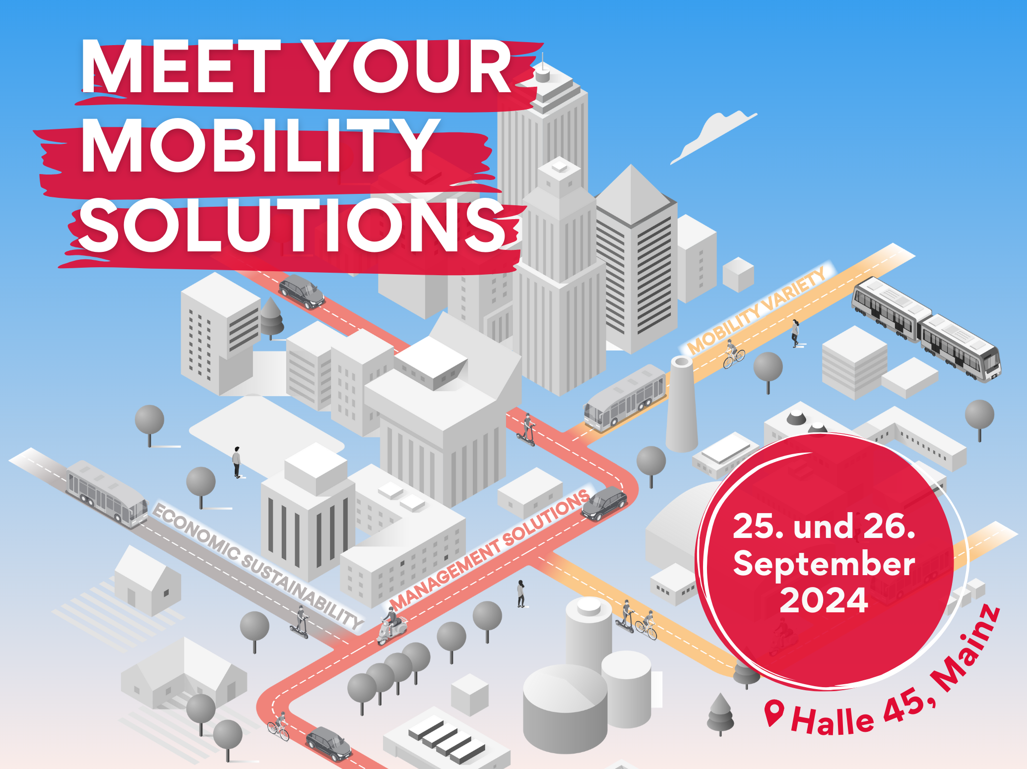 Key Visual des bfp Forum 2024 mit dem Slogan 'Meet Your Mobility Solutions' und Datum 25. und 26. September 2024