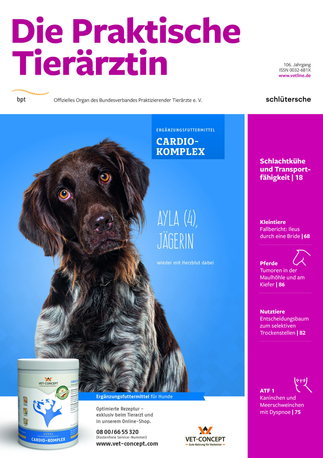Hund Ayla auf der Tierarzt Zeitschrift mit Cardio-Komplex Werbung