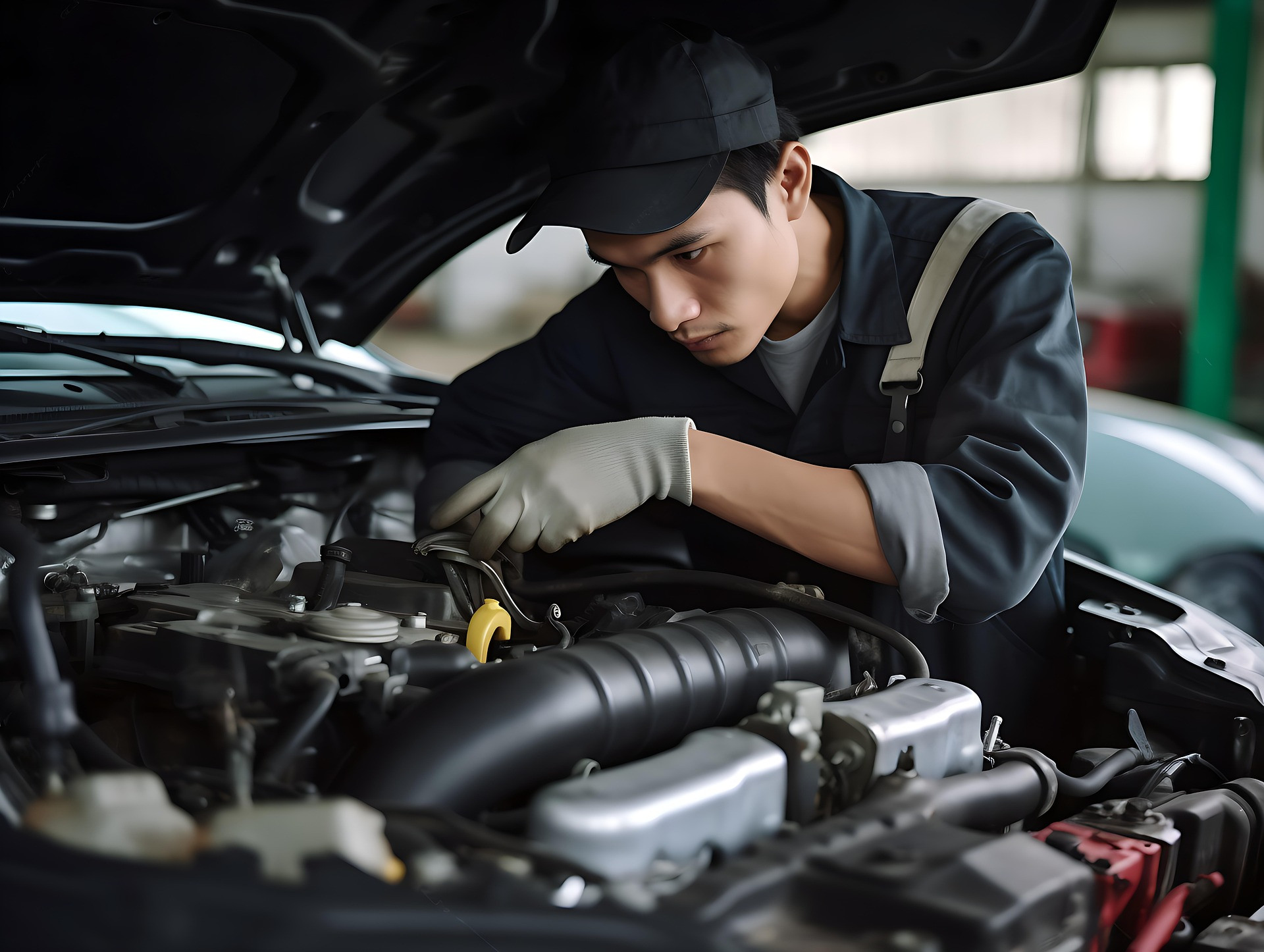 KFZ-Mechaniker bei der Arbeit am Motor eines Autos