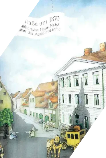 Historische Straßenszene mit der Aegidienkirche im Hintergrund