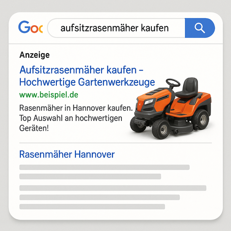 Google-Suchergebnis für Aufsitzrasenmäher kaufen mit Anzeige für hochwertige Gartenwerkzeuge und Rasenmäher in Hannover