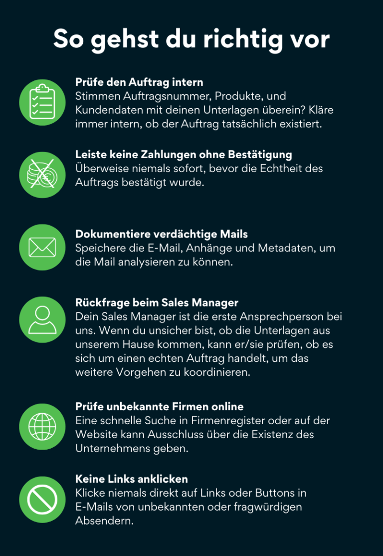 So gehst du richtig vor – Infografik mit Tipps zur Prüfung von Aufträgen und Umgang mit verdächtigen E-Mails Infografik: So gehst du richtig vor bei verdächtigen Aufträgen und E-Mails – Tipps zur Prüfung, Dokumentation und Rückfrage beim Sales Manager.