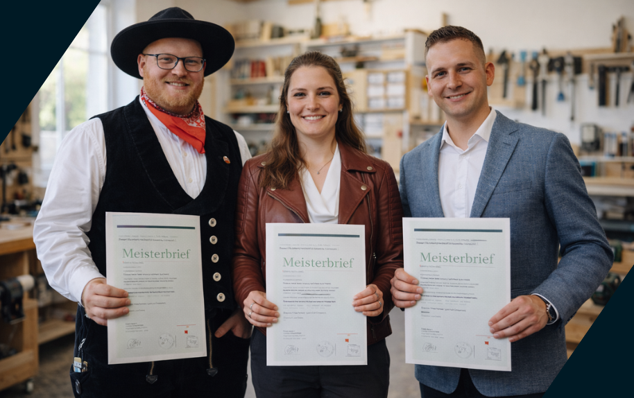 Drei Personen mit Meisterbriefen in einer Werkstatt – wissen wie du deine Zukunft meisterst