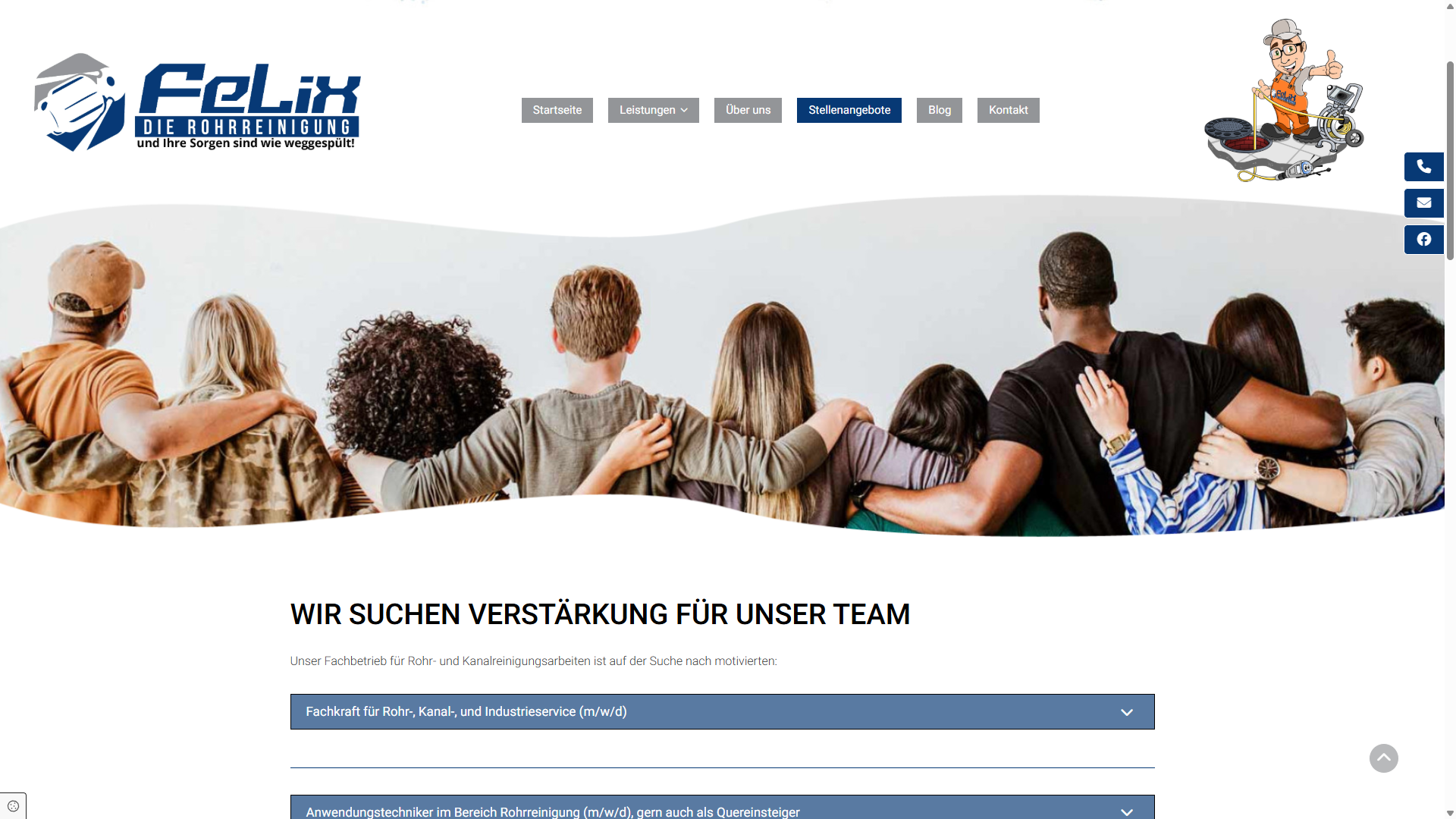 Stellenangebote bei Felix Die Rohrreinigung – Teamverstärkung gesucht, Screenshot der Desktop-Ansicht der Karriereseite