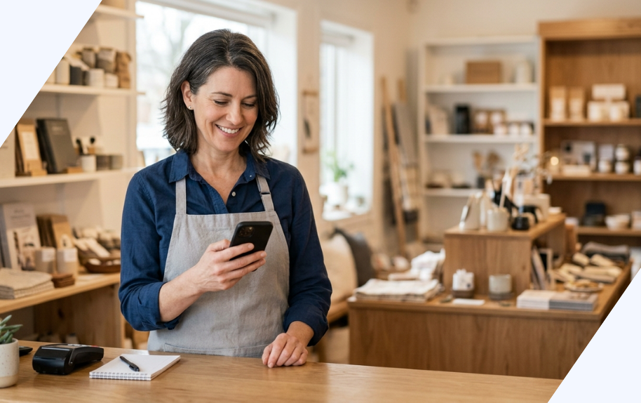 Frau im Geschäft mit Smartphone, Symbolbild für Regiolisting und lokale Anbieter