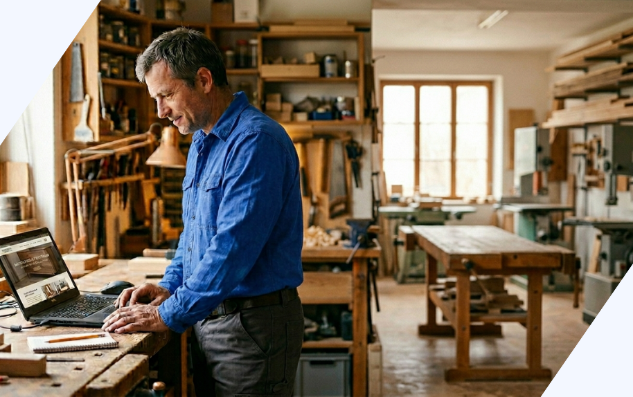 Handwerker in einer Werkstatt als Header-Bild für die Homepage