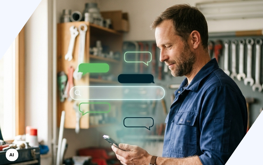Handwerker prüft KI-Check auf Smartphone in moderner Werkstatt