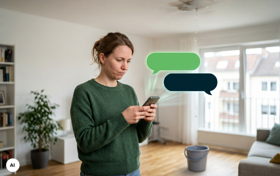 Frau nutzt Smartphone zur KI-Check Problemvisualisierung bei Wasserschaden in Wohnung