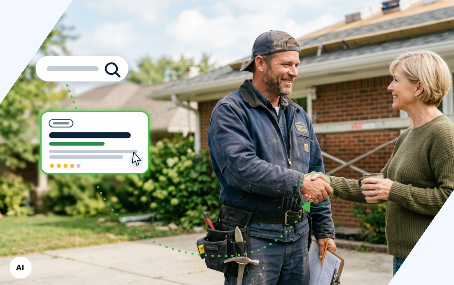 Handwerker und Kunde schütteln sich vor einem Haus die Hand, mit Google Ads-Suchanzeige im Vordergrund