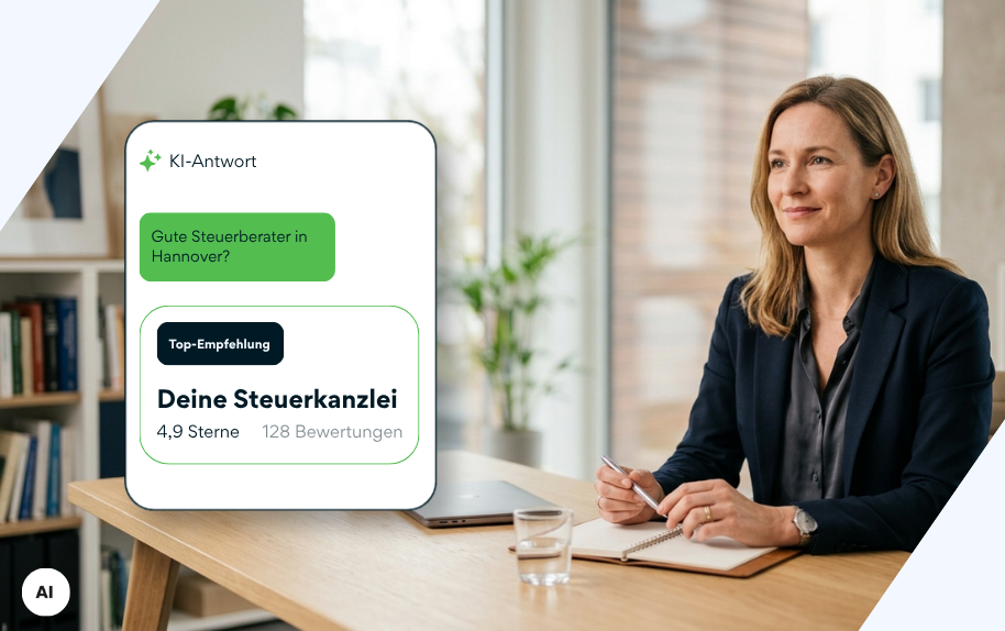 Headerbild mit Steuerberaterin im Büro und Suchanfrage nach Steuerberater in Hannover