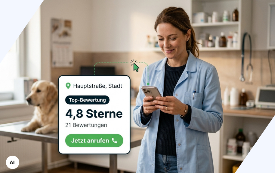 Ärztin in Praxis mit Handy und Top-Bewertung von 4,8 Sternen auf Bewertungsplattform, Standort Hauptstraße, Stadt
