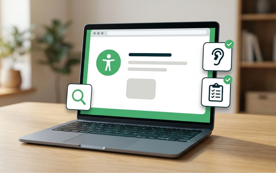 Barrierefreier Laptop mit Symbolen für Barrierefreiheit, Suche und Checkliste auf dem Bildschirm