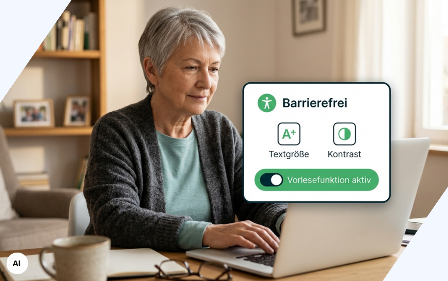 Ältere Frau nutzt Laptop mit Einstellungen zur Barrierefreiheit wie Textgröße, Kontrast und Vorlesefunktion.