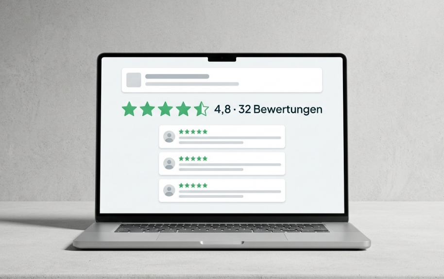 Laptop mit Bewertungsmanagement-Software und Sternebewertungen auf dem Bildschirm