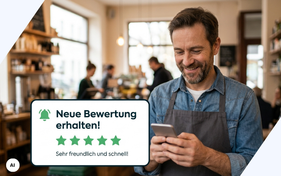 Header-Bild zum Bewertungsmanagement: Café-Besitzer freut sich über neue positive Bewertung auf seinem Smartphone