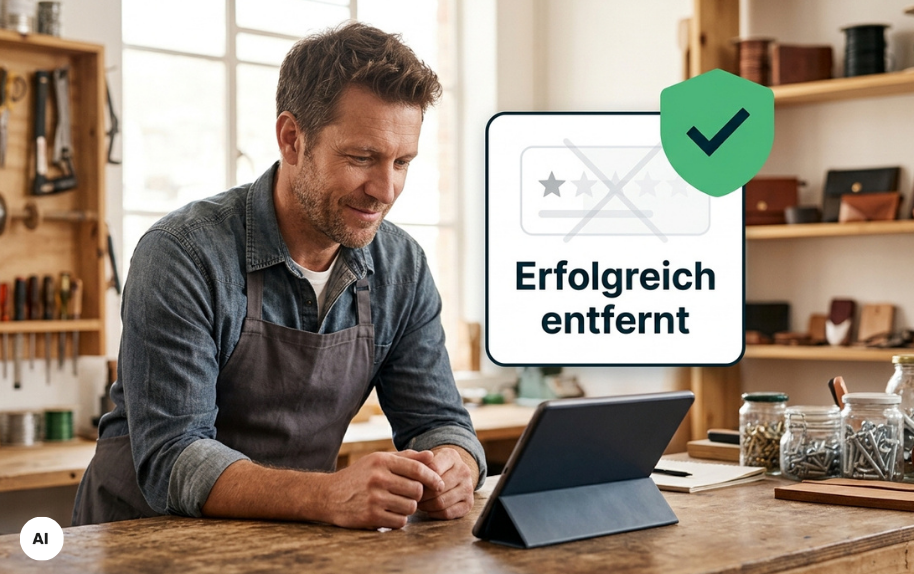 Bewertungsmanagement: Bewertungen erfolgreich l6schen lassen, Mann am Tablet mit Hinweis auf gelf6schte Bewertung