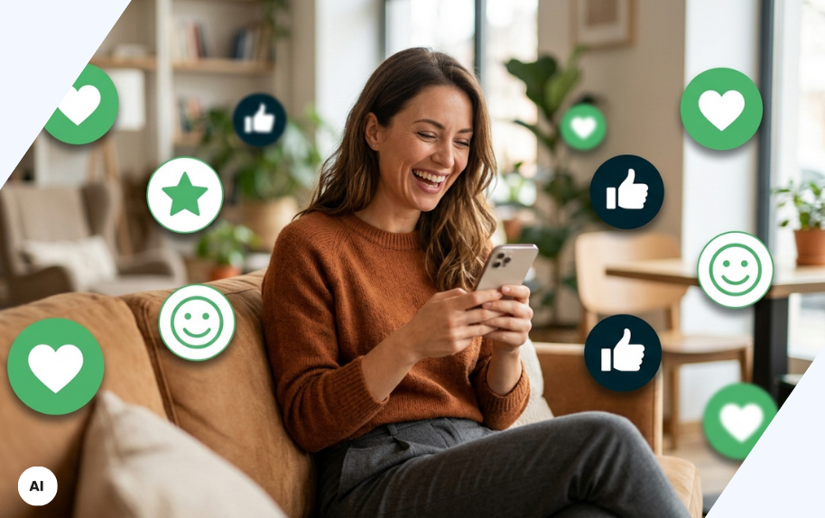 Headerbild für Marketing: lachende Frau mit Smartphone und Social Media Icons wie Daumen hoch, Stern und Smiley