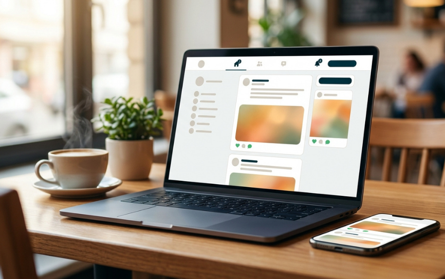 Marketing Laptop auf einem Schreibtisch mit Social Media Dashboard auf dem Bildschirm