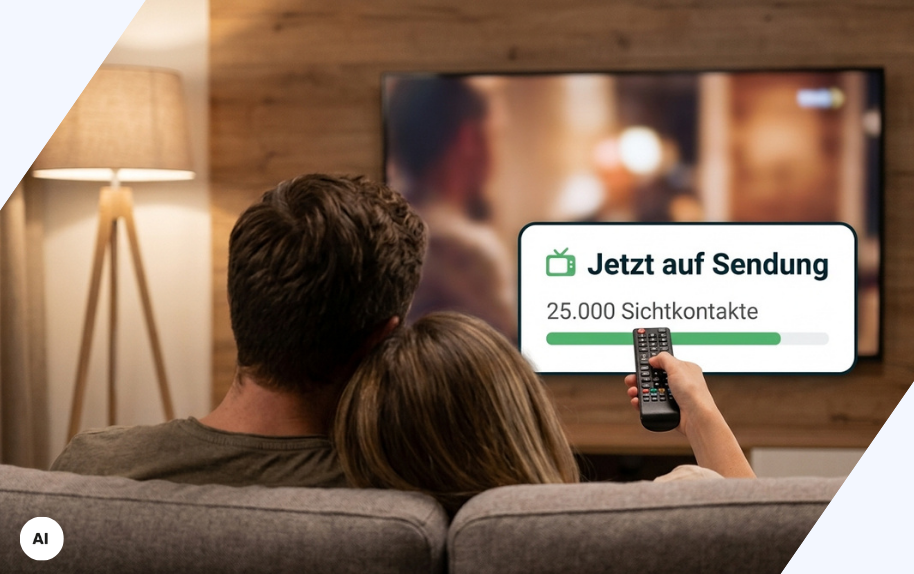Paar sitzt auf Sofa und sieht einen TV-Spot mit dem Text 'Jetzt auf Sendung – 25.000 Sichtkontakte'