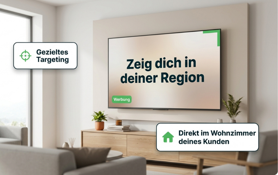 TV-Spot auf einem modernen Fernseher im Wohnzimmer mit regionaler Werbebotschaft