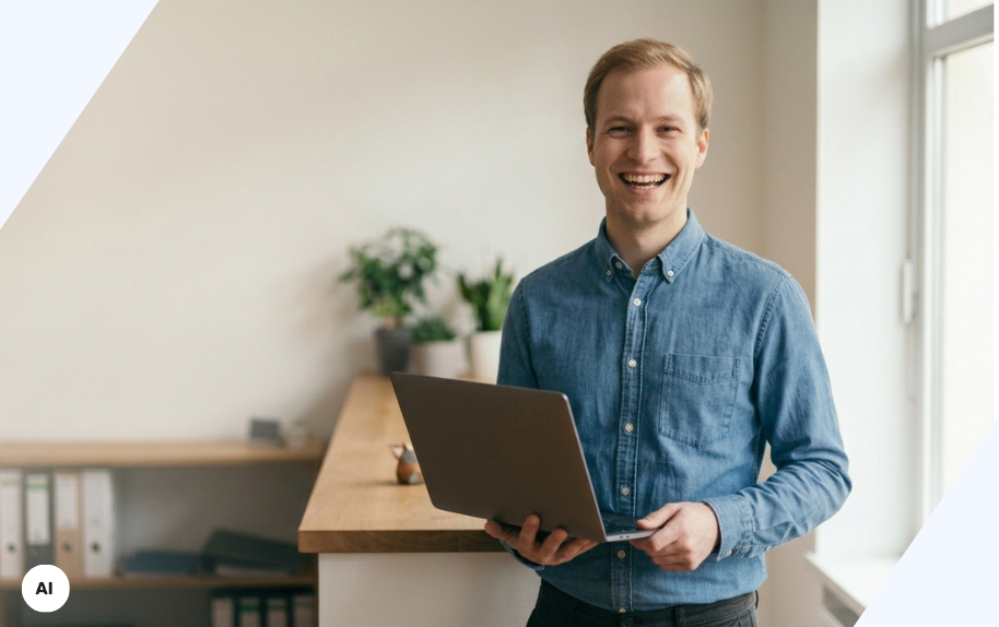 Junger Mann mit Laptop im modernen Büro als Headerbild für Digitalpakete