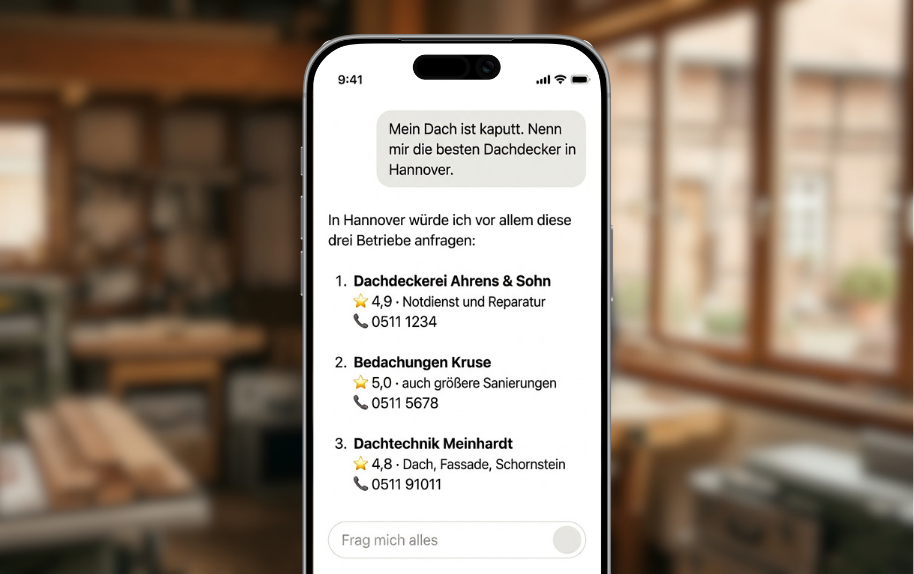 KI-Suche auf Smartphone zeigt Dachdecker-Empfehlungen für Hannover an