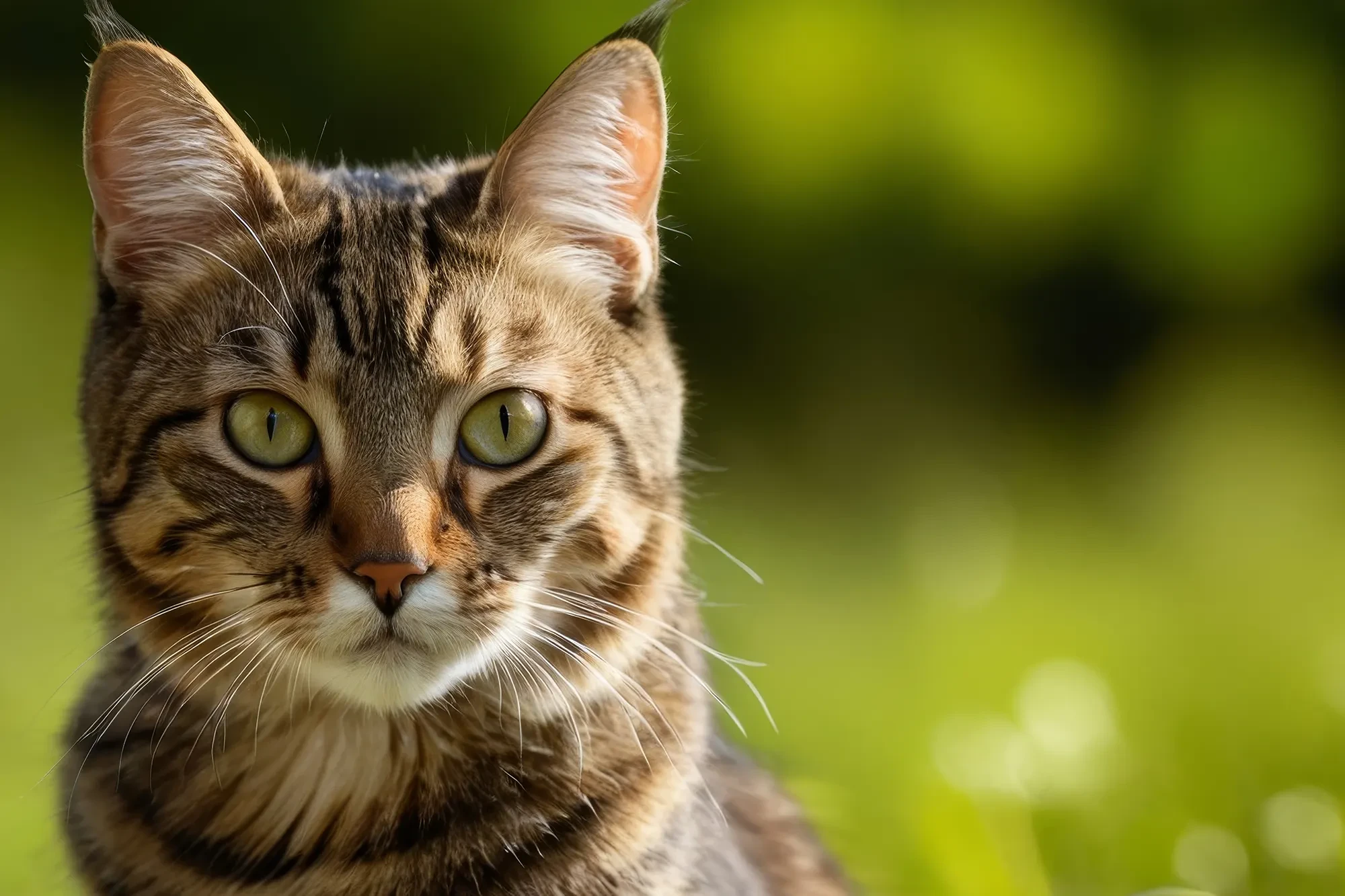 Header-Katze – Nahaufnahme einer getigerten Katze im Grünen Header-Bild einer getigerten Katze mit grünem Hintergrund