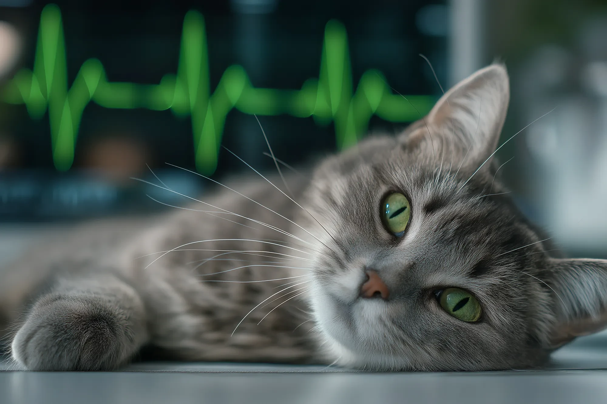 Katze in kardiologischer Untersuchung mit EKG im Hintergrund