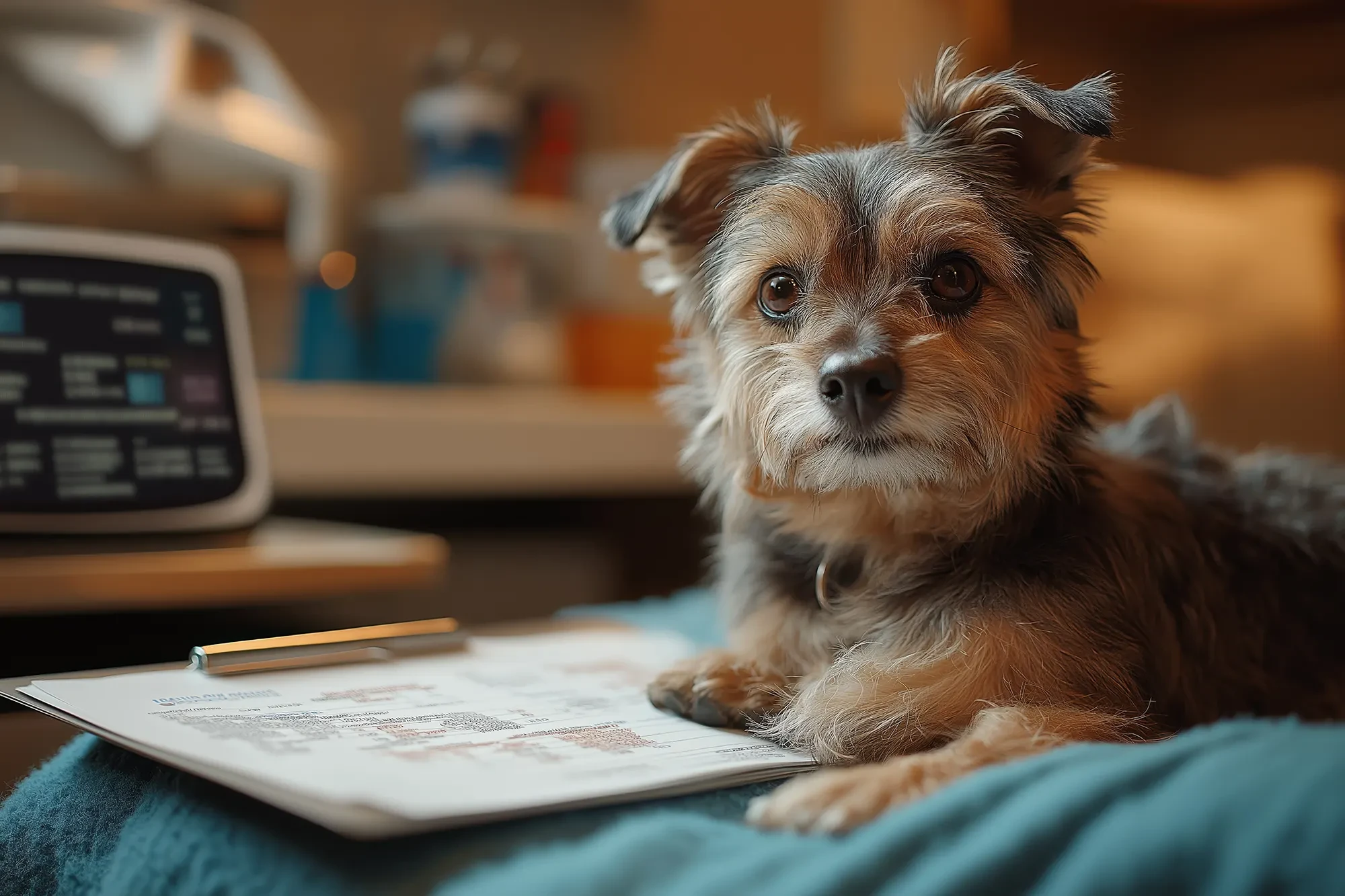 Symbolbild Innere Medizin: Hund mit medizinischen Unterlagen Hund liegt auf einem Schreibtisch mit medizinischen Unterlagen – Symbolbild für Innere Medizin
