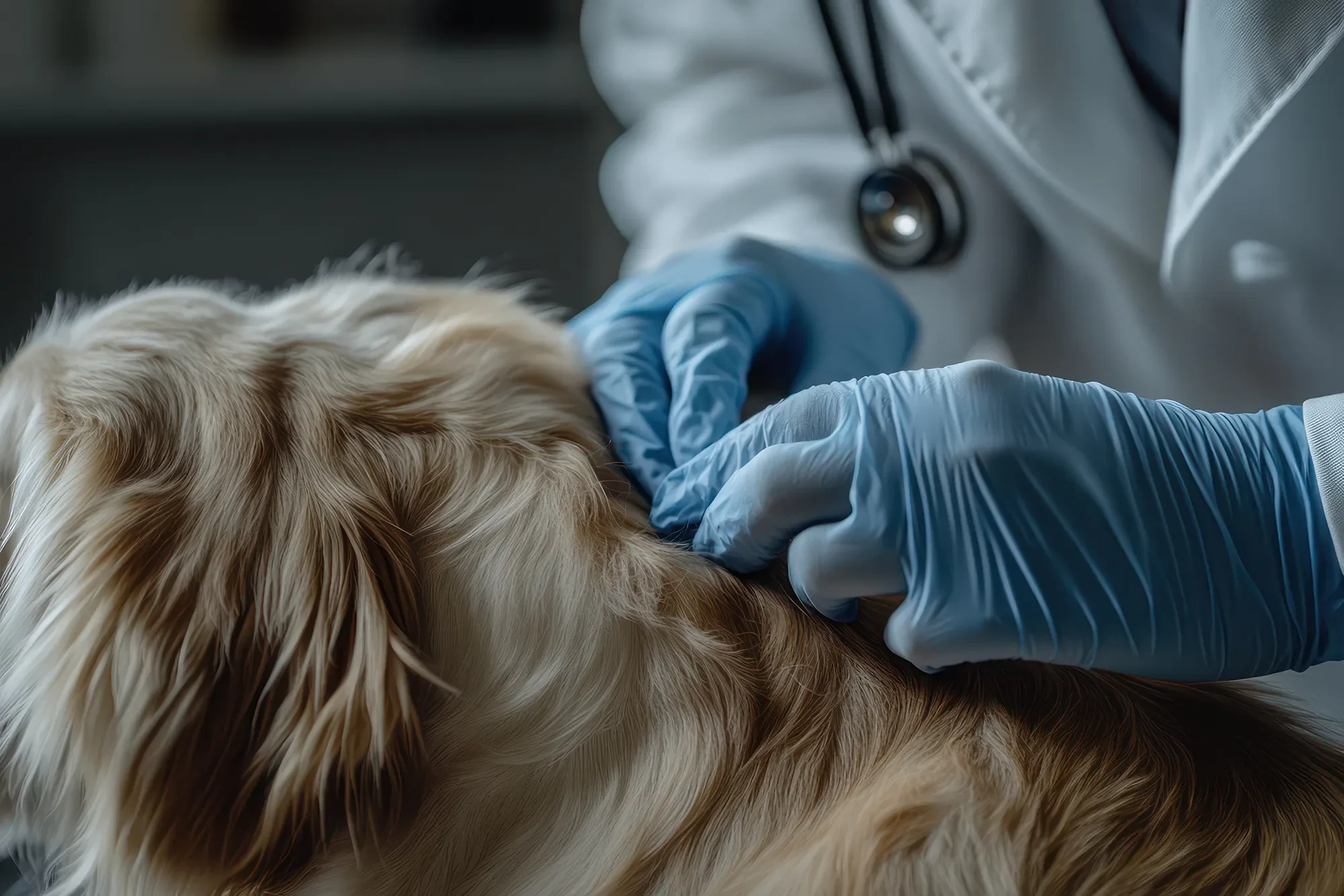 Tierarzt untersucht die Haut eines Hundes im Bereich der Dermatologie