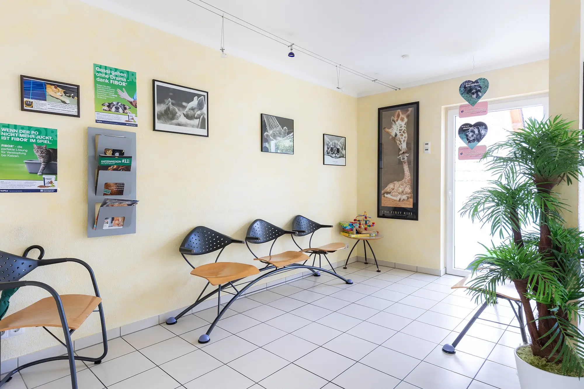 Wartebereich der Fachtierarztpraxis für Kleintiere Dr. Daniela Galke Wartezimmer der Fachtierarztpraxis für Kleintiere Dr. Daniela Galke mit Sitzgelegenheiten und Tierbildern an der Wand