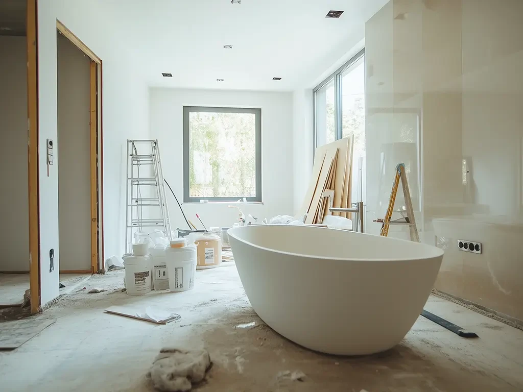 Badumbau mit moderner freistehender Badewanne und Renovierungsarbeiten