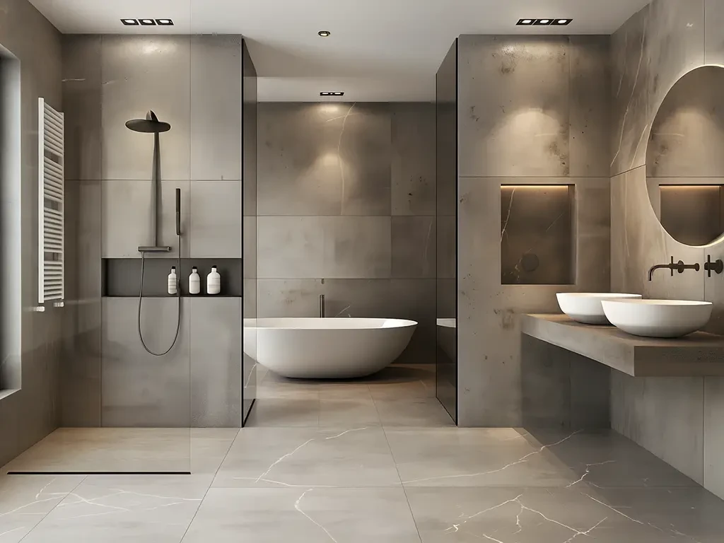 Modernes Badezimmer mit freistehender Badewanne, großer Dusche und stilvollem, minimalistischem Design