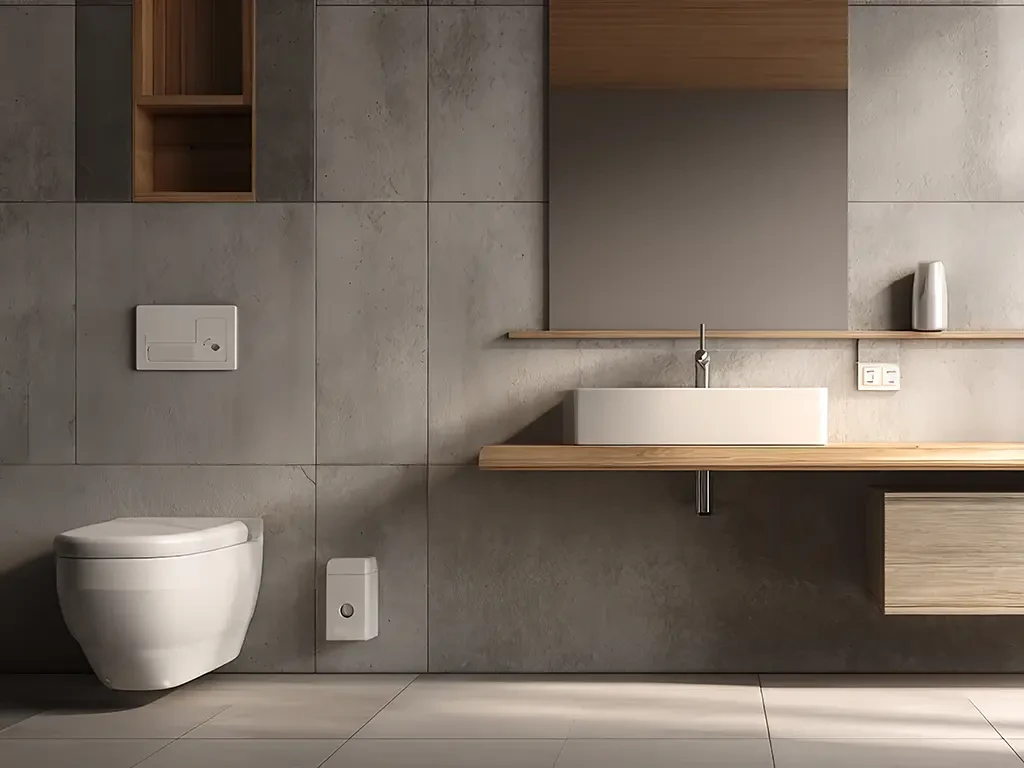 Modernes Badezimmer mit Großfliesen an Wand und Boden, minimalistische Einrichtung