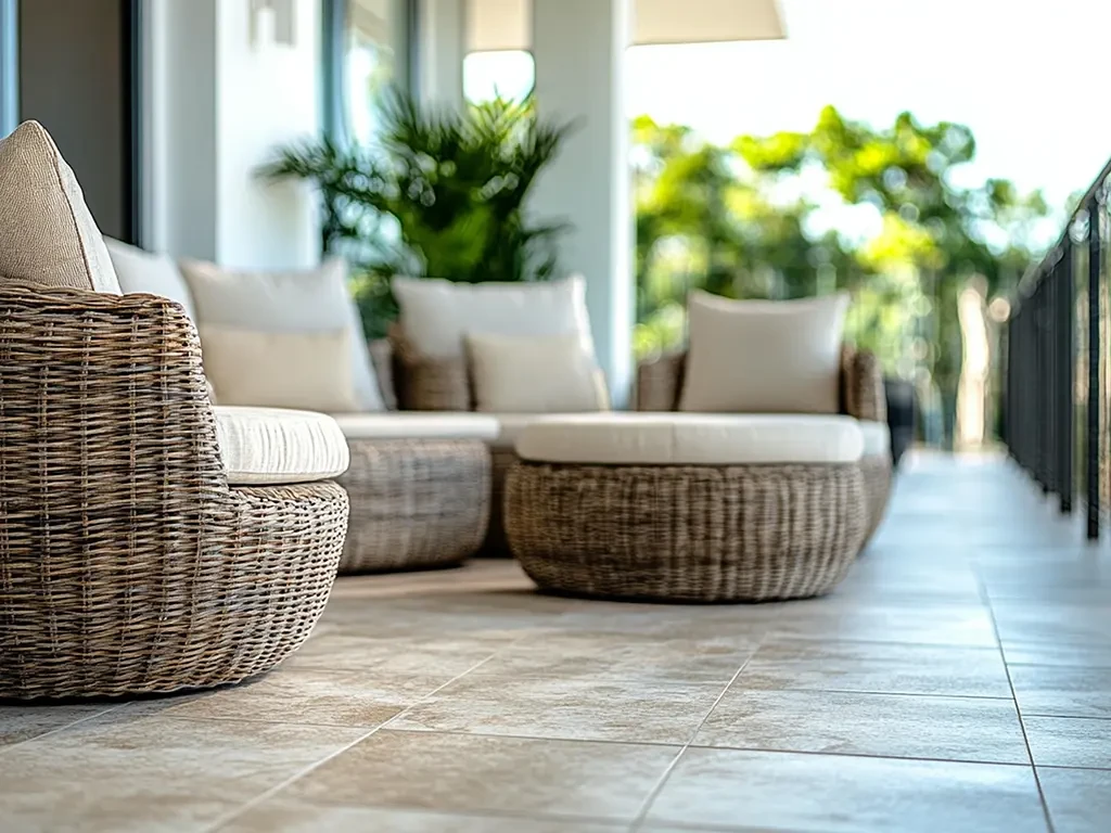 Moderne Terrasse mit gemütlichen Outdoor-Möbeln aus Rattan und hellen Kissen