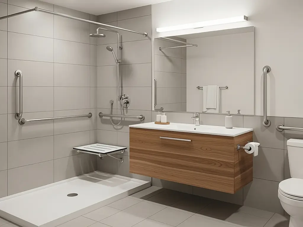 Barrierefreies Badezimmer mit bodengleicher Dusche, Haltegriffen und modernem Waschtisch