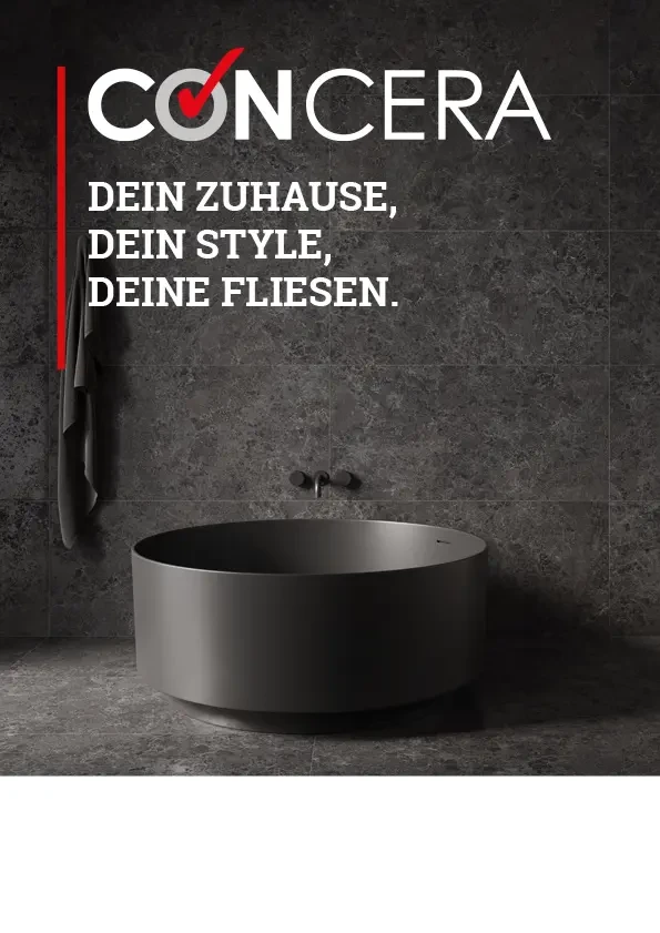 Concera Katalog 2025: Moderne Badezimmergestaltung mit stilvollen Fliesen und runder Badewanne