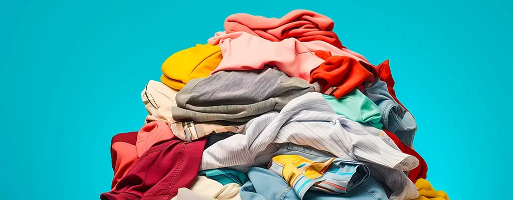 Bunte Haushaltswäsche als Teaserbild – verschiedene Kleidungsstücke aufeinander gestapelt