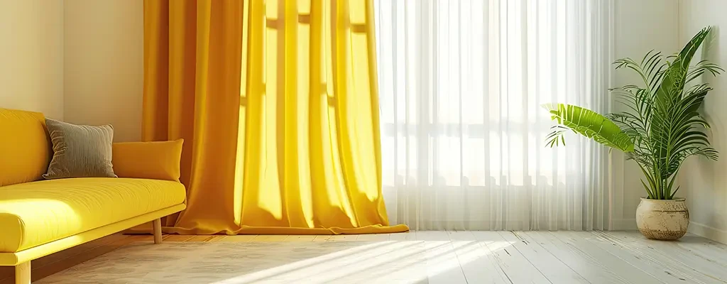 Gelbe Gardinen und weiße Vorhänge vor sonnigem Fenster im modernen Wohnraum