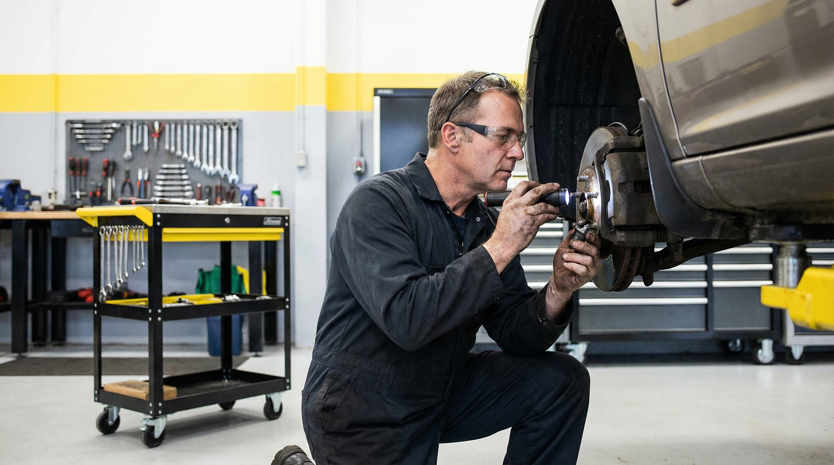 Mechaniker prüft Bremsscheibe – was beeinflusst die Kosten eines kompletten Bremswechsels? Expertenrat in der Werkstatt