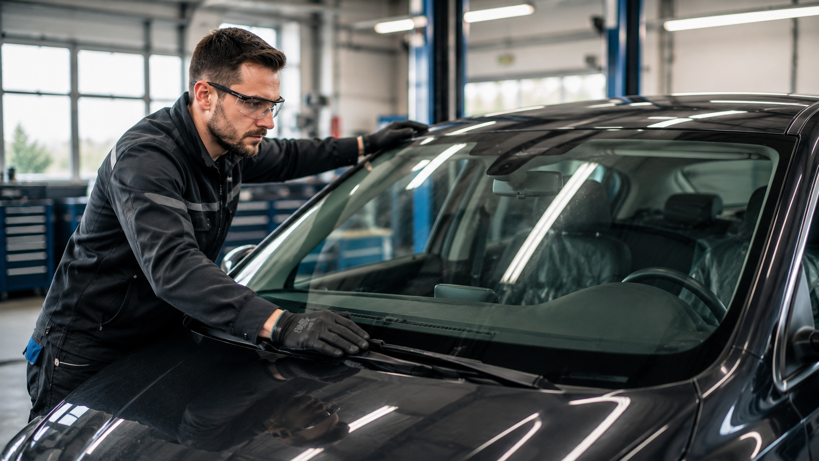 CityHeroes Scheibentausch – Fachmann wechselt Autoscheibe in moderner Werkstatt