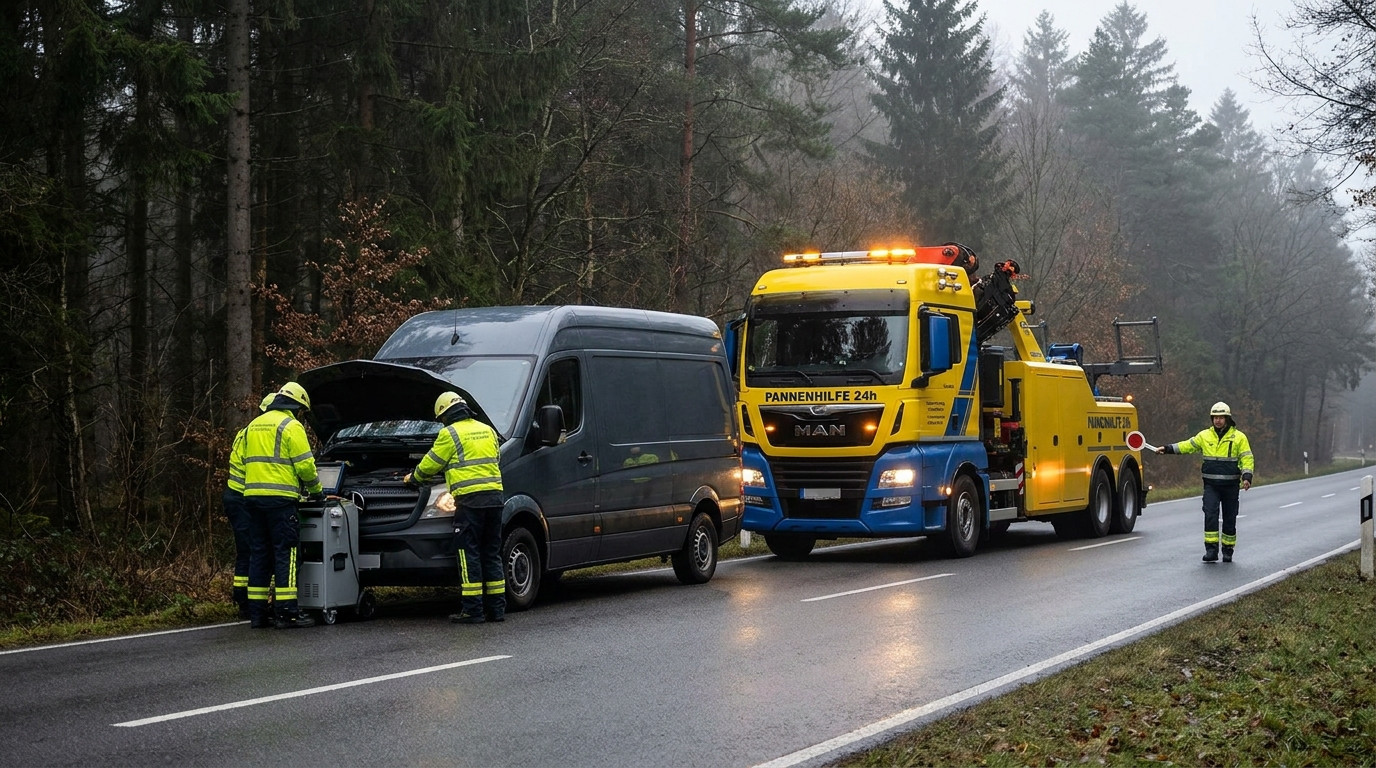 Pannenhilfe 24h mit Abschleppwagen und Pannenhelfer an Transporter am Straßenrand im Wald