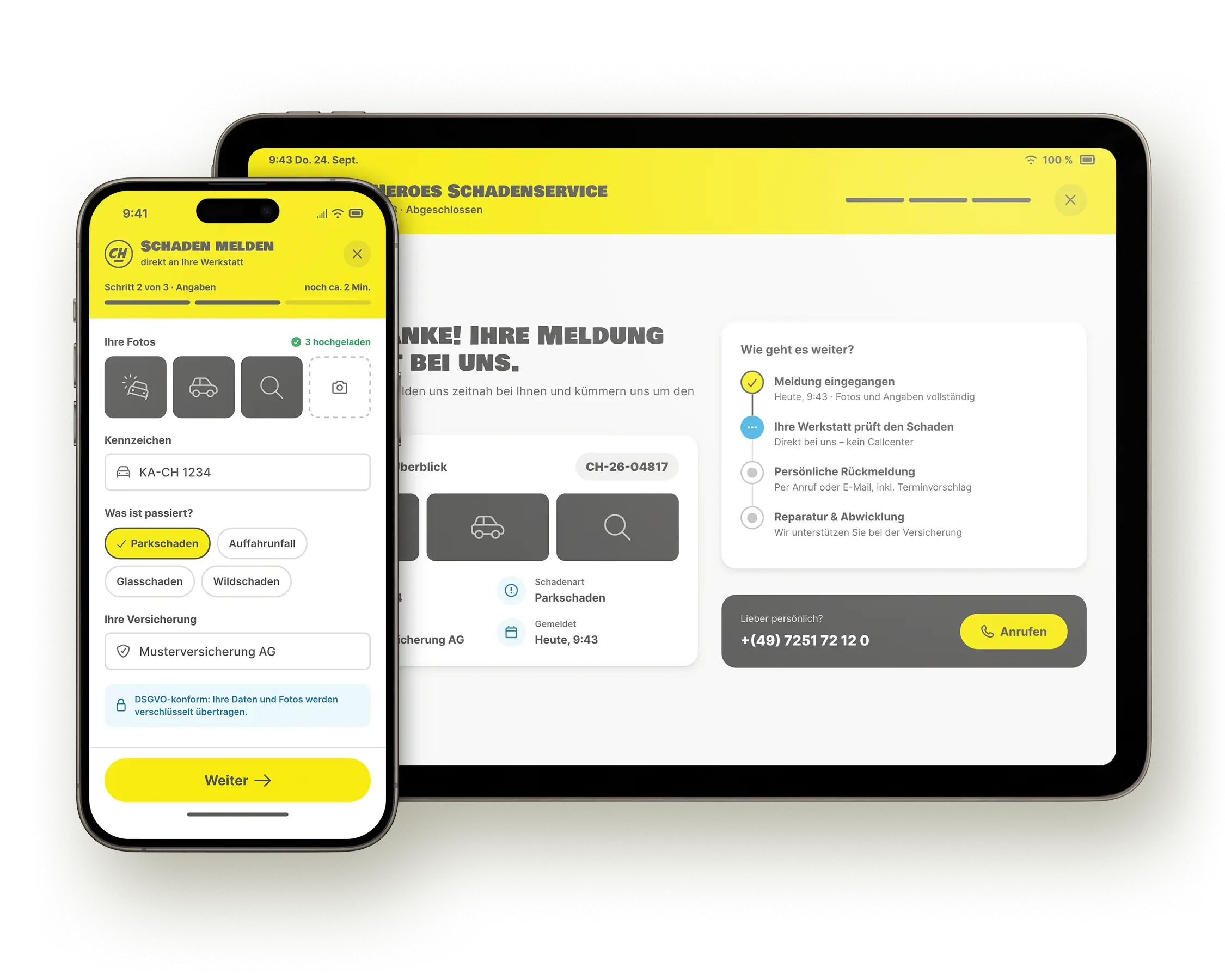 App-Duo zur digitalen Schadenmeldung und -abwicklung auf Smartphone und Tablet