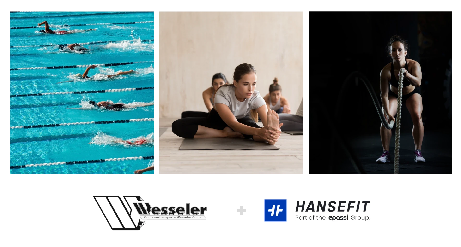 Hansefit Banner mobil mit Schwimmen, Yoga und Kooperation mit Wesseler